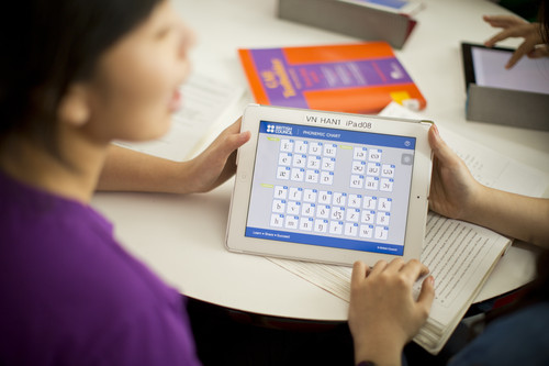 girl looking at phonemic chart