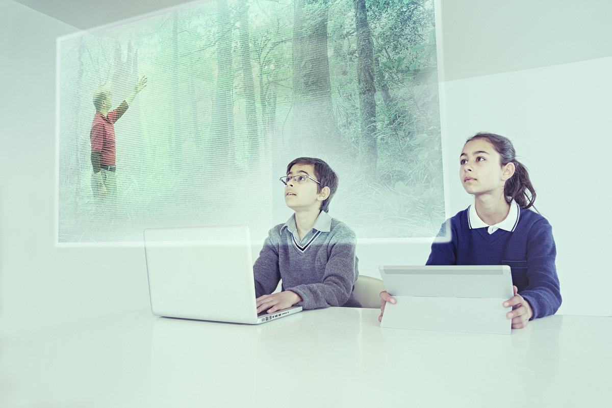 children studying in a futuristic environment