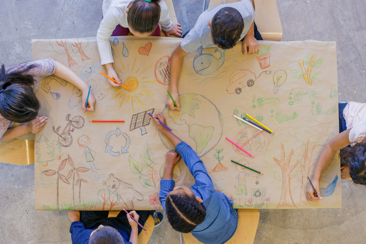 children colouring different parts of a poster on sustainability seen from above