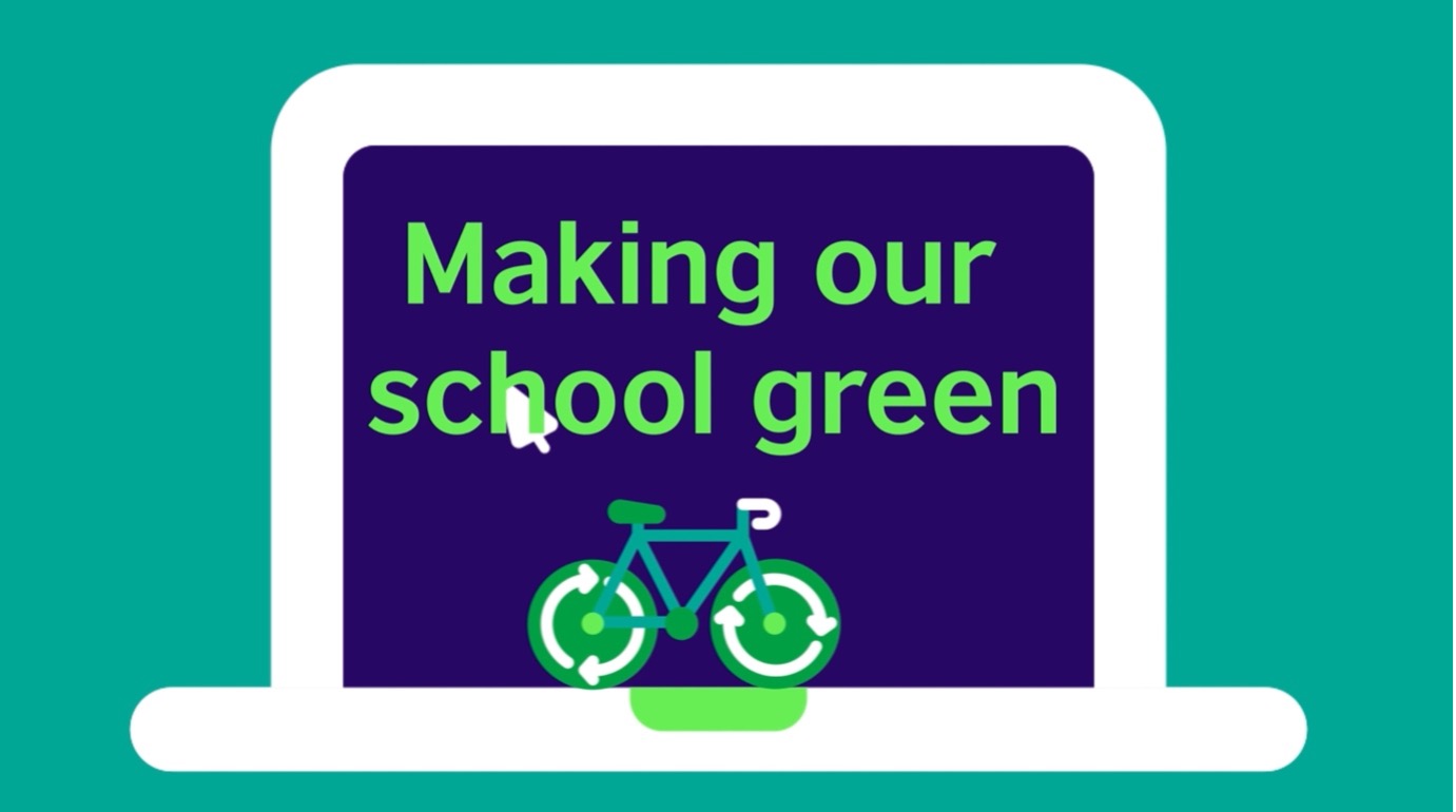 A bicycle with the words 'Making our school green'