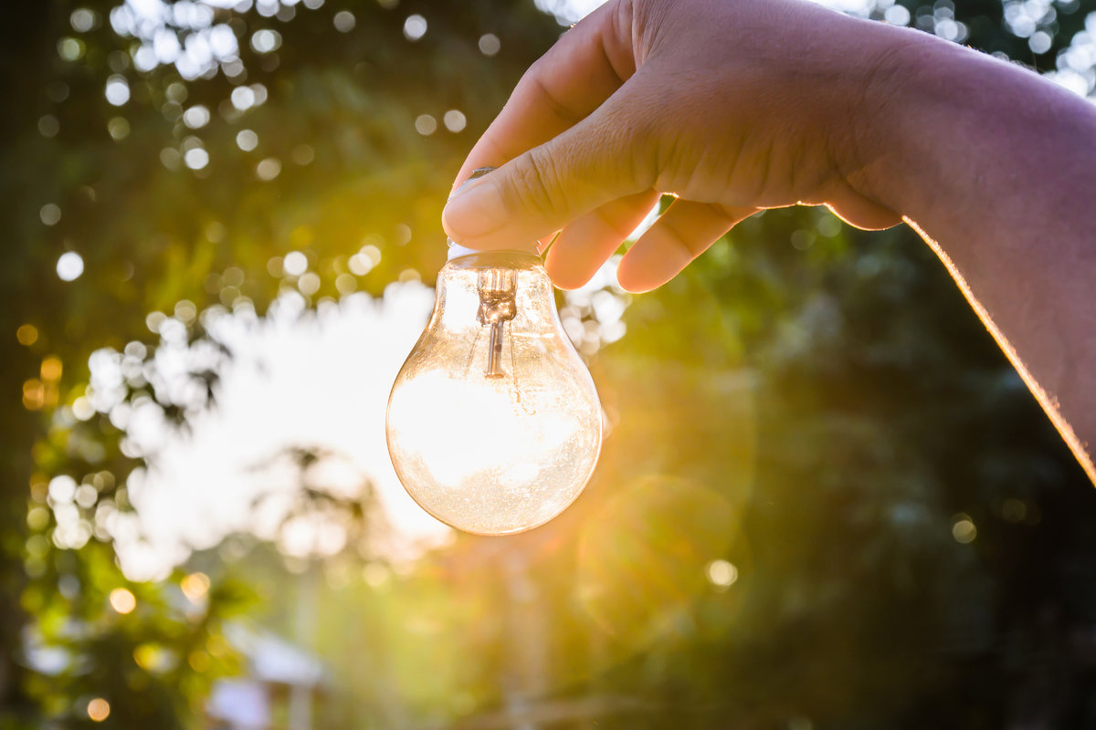 A hand holding a light bulb