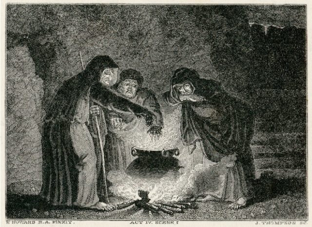 A scene from Macbeth - three witches are standing around a cauldron