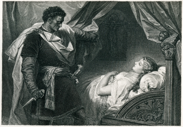 Othello about to kill his wife in her sleep.