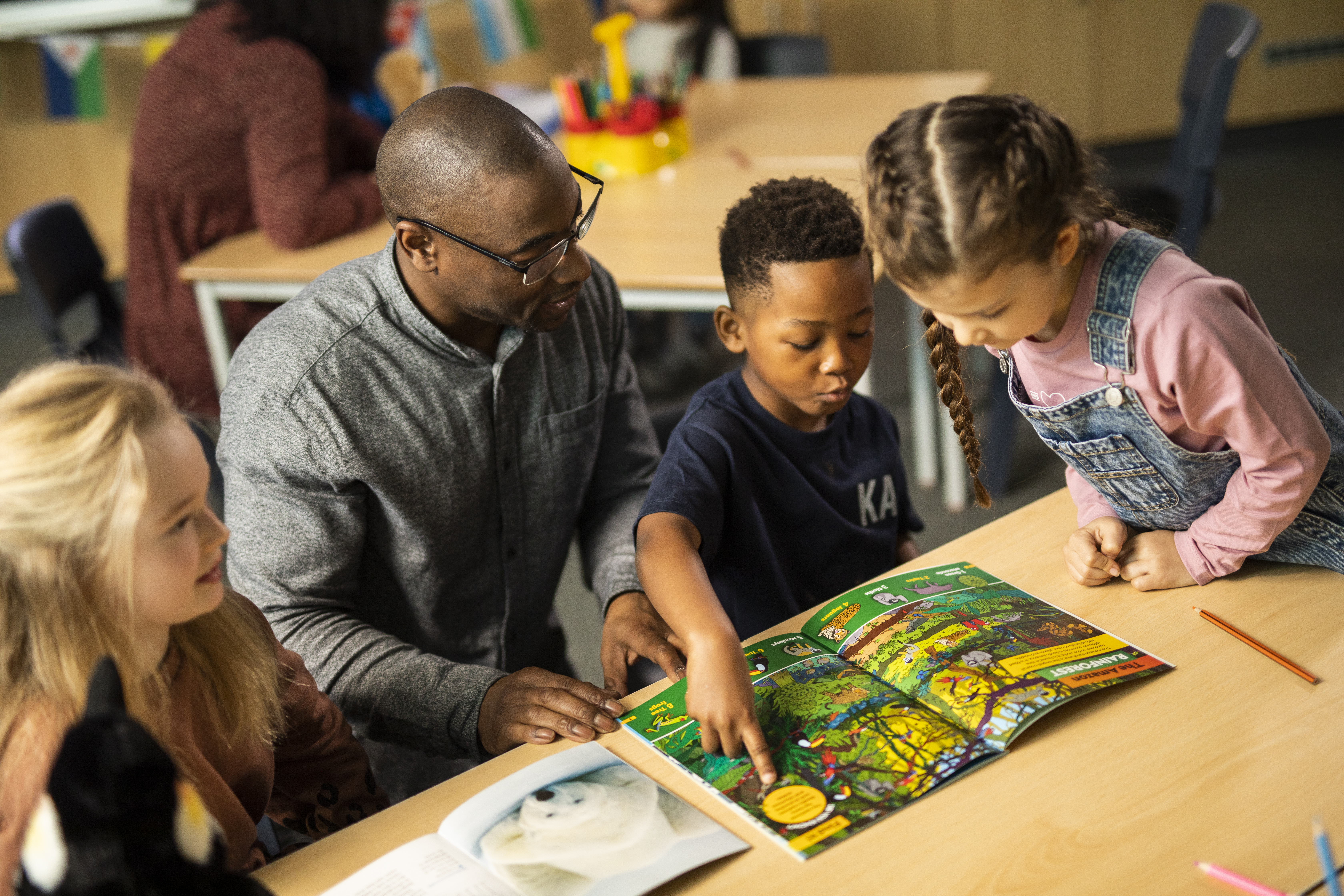 Young learners reading a text together