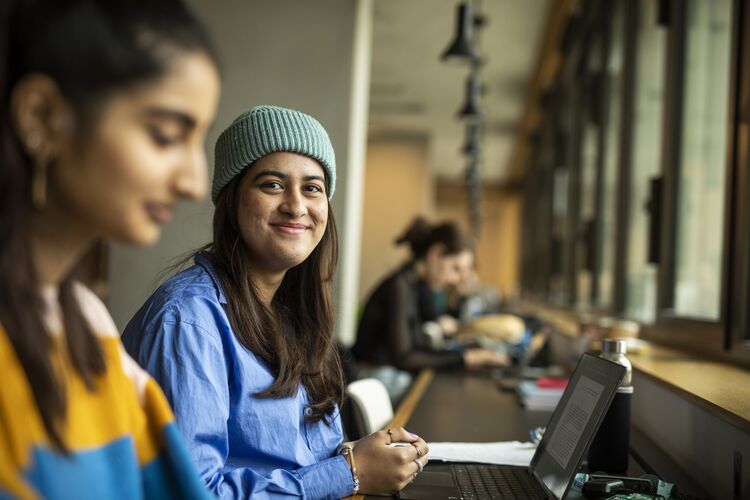 Students working in a library